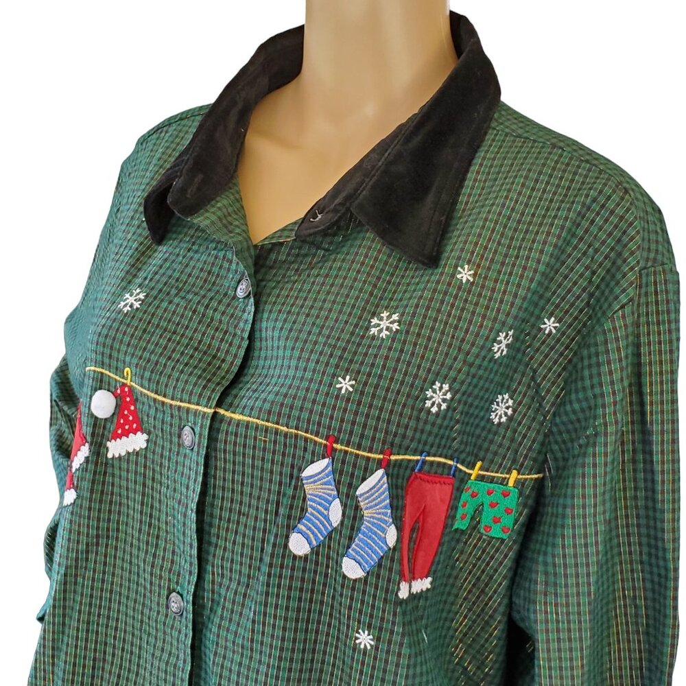 Bobbie Brooks Plaid Christmas Shirt Women's 22W/24W Embroidered Santa Button-Up